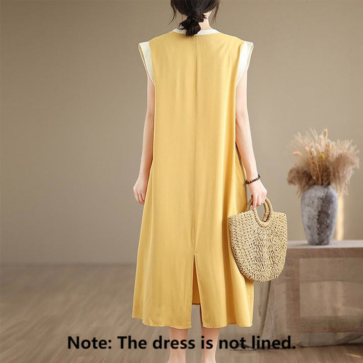 Vestido midi de algodón sin mangas con diseño de aberturas y bolsillos en color puro con Buddha Stones - image 29