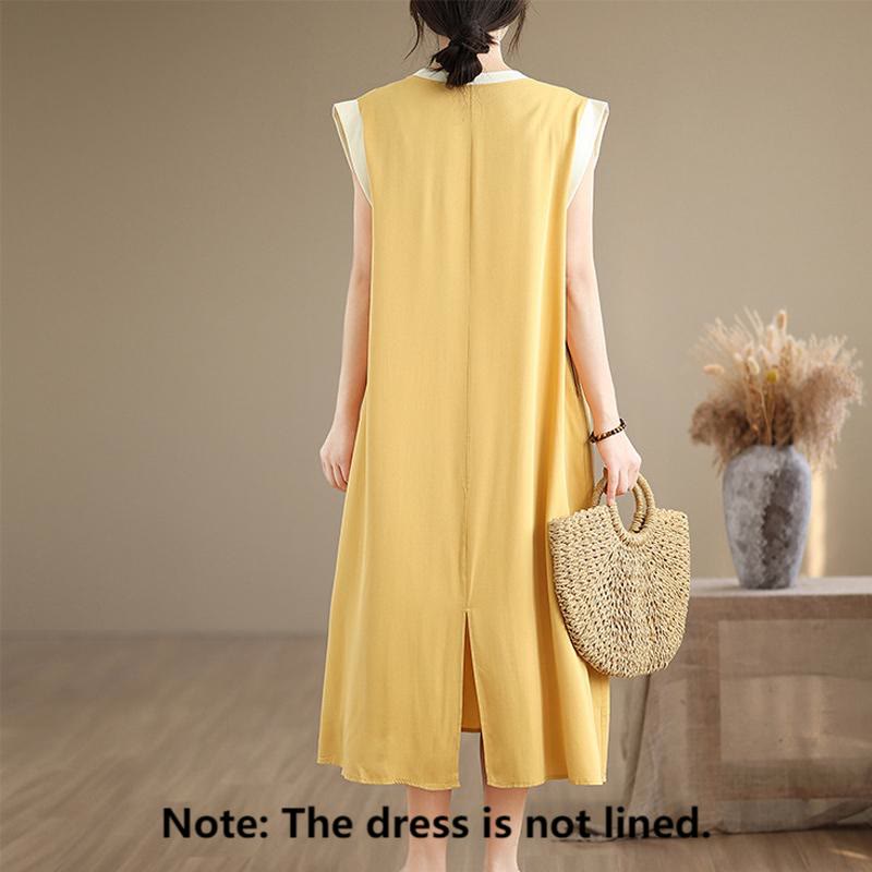 Vestido midi de algodón sin mangas con diseño de aberturas y bolsillos en color puro con Buddha Stones - image 28