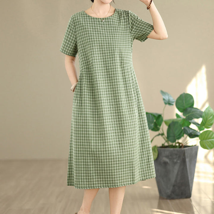 Vestido midi de lino y algodón de manga corta con bolsillos y estampado a cuadros Buddha Stones Commute, diseño sencillo - image 17
