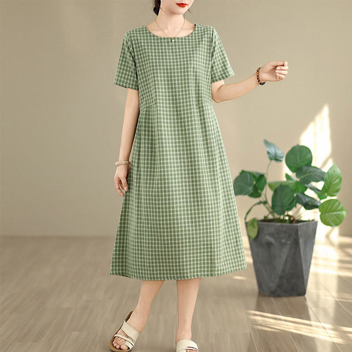 Vestido midi de lino y algodón de manga corta con bolsillos y estampado a cuadros Buddha Stones Commute, diseño sencillo - Verde bosque - US8-10，UK/AU12-14，EU40-42 (2XL) - image 12