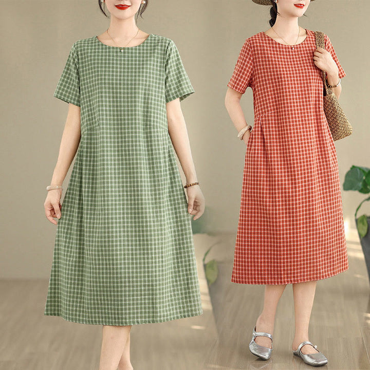 Vestido midi de lino y algodón de manga corta con bolsillos y estampado a cuadros Buddha Stones Commute, diseño sencillo - image 19