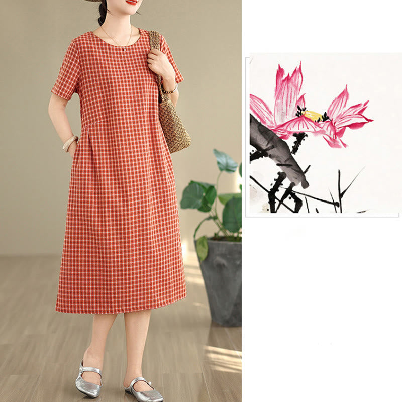 Vestido midi de lino y algodón de manga corta con bolsillos y estampado a cuadros Buddha Stones Commute, diseño sencillo - image 5