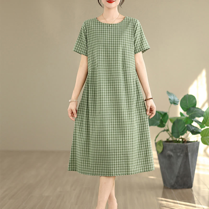 Vestido midi de lino y algodón de manga corta con bolsillos y estampado a cuadros Buddha Stones Commute, diseño sencillo - image 16