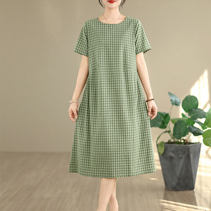 Vestido midi de lino y algodón de manga corta con bolsillos y estampado a cuadros Buddha Stones Commute, diseño sencillo - image 16