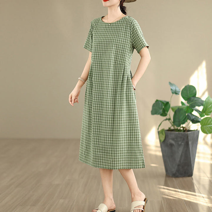 Vestido midi de lino y algodón de manga corta con bolsillos y estampado a cuadros Buddha Stones Commute, diseño sencillo - image 15