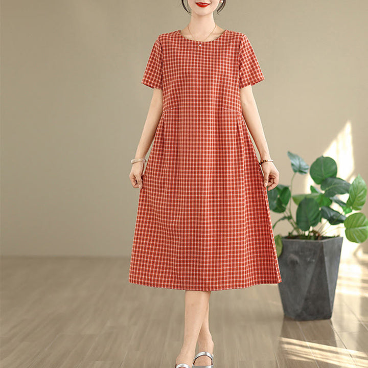 Vestido midi de lino y algodón de manga corta con bolsillos y estampado a cuadros Buddha Stones Commute, diseño sencillo - NaranjaRojo - US8-10，UK/AU12-14，EU40-42 (2XL) - image 0