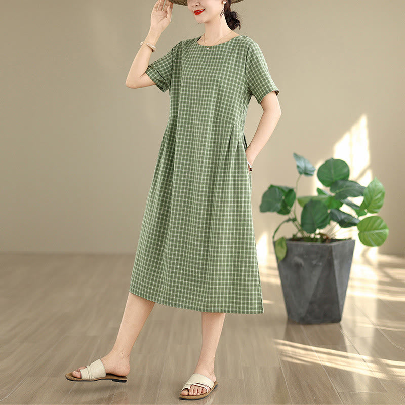 Vestido midi de lino y algodón de manga corta con bolsillos y estampado a cuadros Buddha Stones Commute, diseño sencillo - image 15