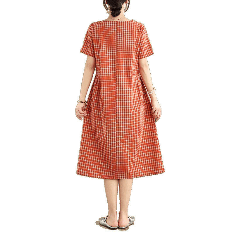 Vestido midi de lino y algodón de manga corta con bolsillos y estampado a cuadros Buddha Stones Commute, diseño sencillo - image 6