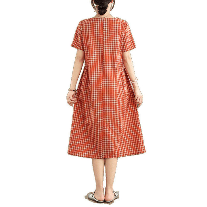 Vestido midi de lino y algodón de manga corta con bolsillos y estampado a cuadros Buddha Stones Commute, diseño sencillo - image 6