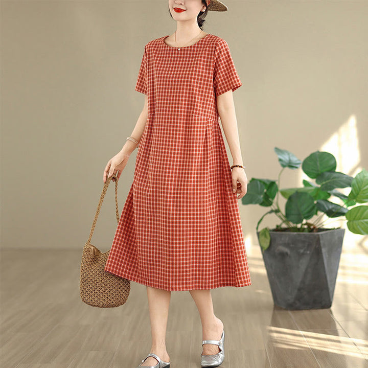 Vestido midi de lino y algodón de manga corta con bolsillos y estampado a cuadros Buddha Stones Commute, diseño sencillo - image 3