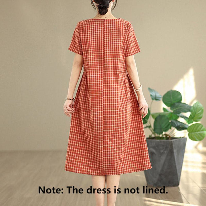 Vestido midi de lino y algodón de manga corta con bolsillos y estampado a cuadros Buddha Stones Commute, diseño sencillo - image 1