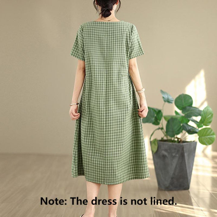 Vestido midi de lino y algodón de manga corta con bolsillos y estampado a cuadros Buddha Stones Commute, diseño sencillo - image 13