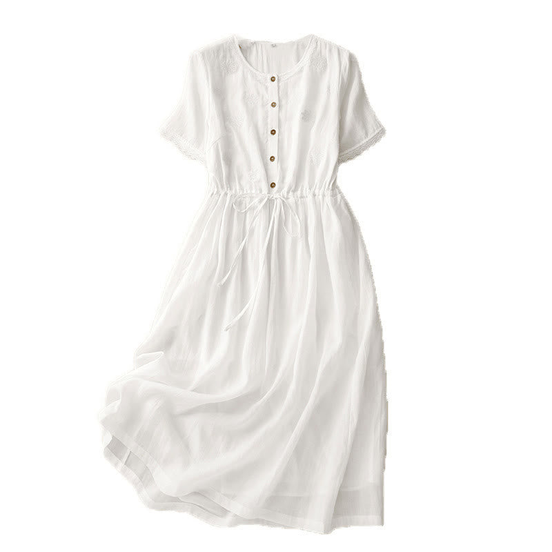 Vestido midi de algodón y lino con volantes, manga corta, bordado Buddha Stones Commute, plisado, botones y cordón ajustable - image 13