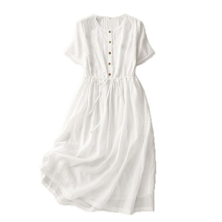 Vestido midi de algodón y lino con volantes, manga corta, bordado Buddha Stones Commute, plisado, botones y cordón ajustable - image 13