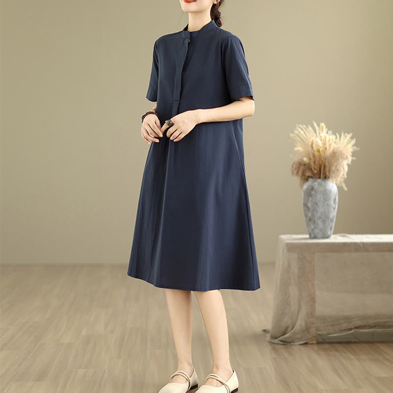 Vestido midi de algodón de media manga con diseño sencillo a cuadros y bolsillos de Buddha Stones Commute - image 3