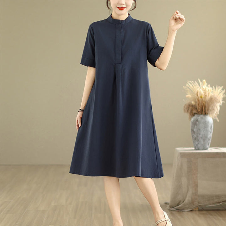 Vestido midi de algodón de media manga con diseño sencillo a cuadros y bolsillos de Buddha Stones Commute - image 5