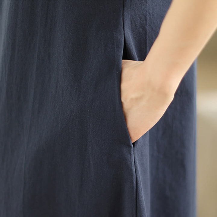 Vestido midi de algodón de media manga con diseño sencillo a cuadros y bolsillos de Buddha Stones Commute - image 8