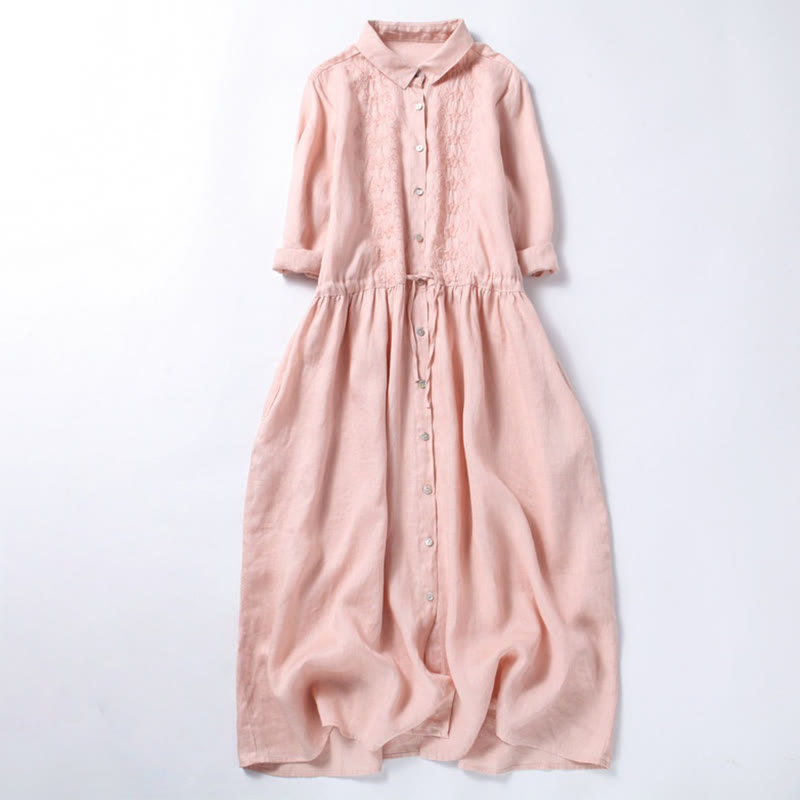 Vestido midi de lino y algodón con manga larga y bolsillos, diseño vintage de otoño con bordado de Buddha Stones y botones con cordón ajustable - Rosa claro - US8-10，UK/AU12-14，EU40-42 (2XL) - image 0