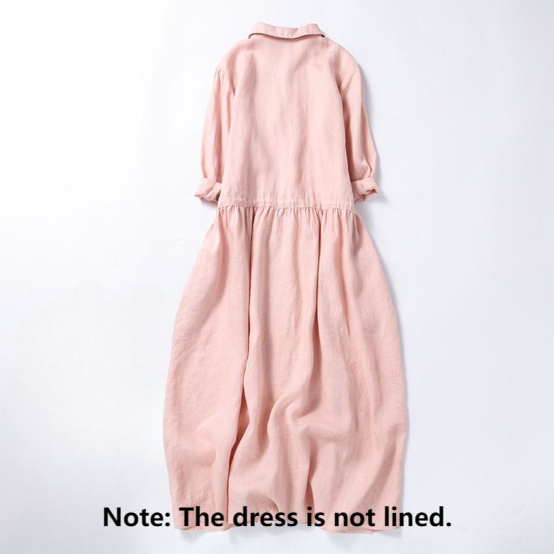 Vestido midi de lino y algodón con manga larga y bolsillos, diseño vintage de otoño con bordado de Buddha Stones y botones con cordón ajustable - image 1