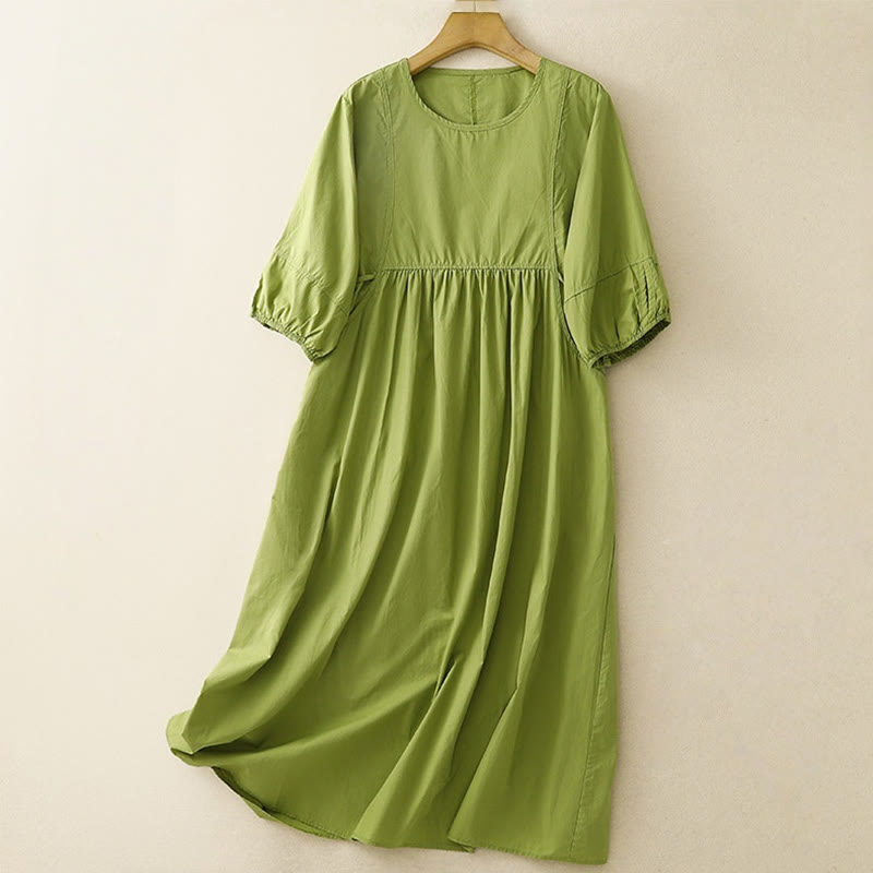 Vestido midi vintage de algodón y lino con diseño sencillo, mangas abullonadas de tres cuartos y bolsillos, con cordones y estampado de Buddha Stones - AmarilloVerde - US12, UK/AU16, EU44 (2XL) - image 0