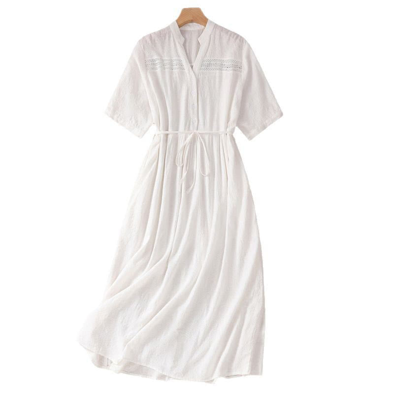 Vestido midi de algodón de manga corta con bolsillos y diseño jacquard liso y hueco de Buddha Stones para verano - image 8