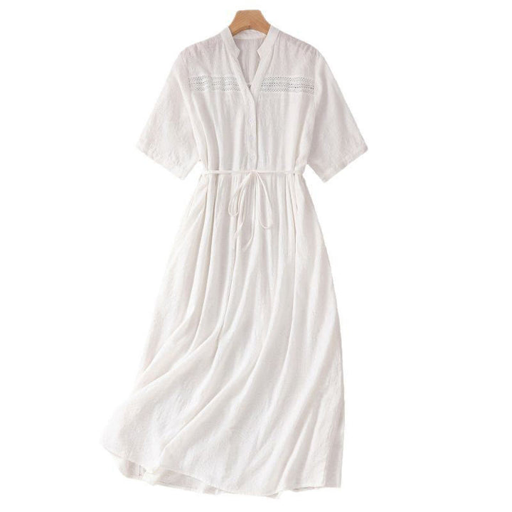 Vestido midi de algodón de manga corta con bolsillos y diseño jacquard liso y hueco de Buddha Stones para verano - image 8