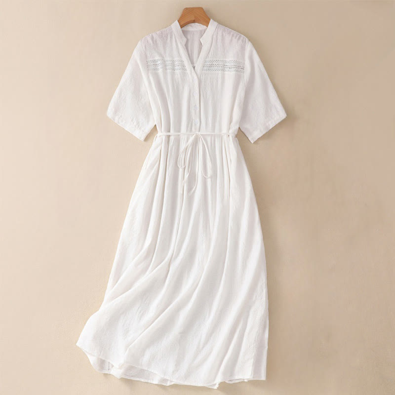 Vestido midi de algodón de manga corta con bolsillos y diseño jacquard liso y hueco de Buddha Stones para verano - Blanco - US8-10，UK/AU12-14，EU40-42 (2XL) - image 0