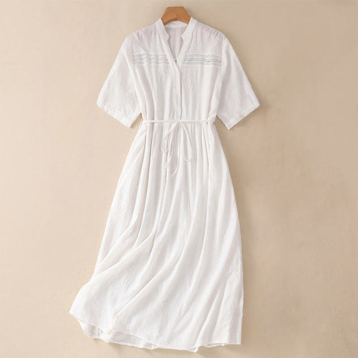 Vestido midi de algodón de manga corta con bolsillos y diseño jacquard liso y hueco de Buddha Stones para verano - Blanco - US8-10，UK/AU12-14，EU40-42 (2XL) - image 0