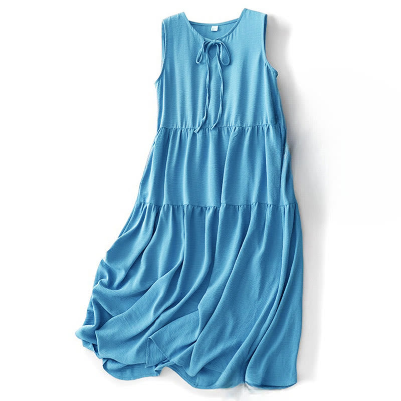 Vestido midi informal de lino y algodón sin mangas con bolsillos, hecho a mano, con cordones y Buddha Stones - Azul acero - US8-10，UK/AU12-14，EU40-42 (2XL) - image 0