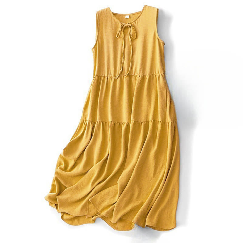 Vestido midi informal de lino y algodón sin mangas con bolsillos, hecho a mano, con cordones y Buddha Stones - Vara de oro - US8-10，UK/AU12-14，EU40-42 (2XL) - image 11