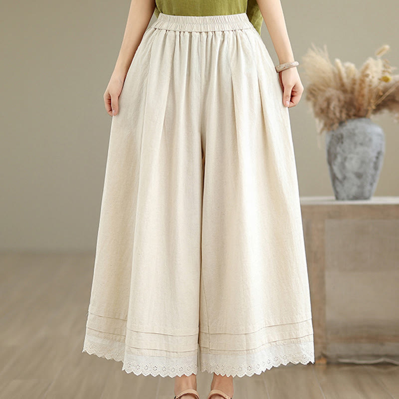 Pantalones de lino y algodón con bolsillos y pierna ancha para mujer, diseño de encaje sencillo, talla 7-8 - image 3