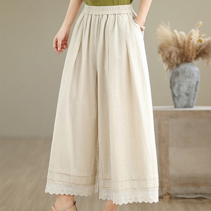Pantalones de lino y algodón con bolsillos y pierna ancha para mujer, diseño de encaje sencillo, talla 7-8 - image 5