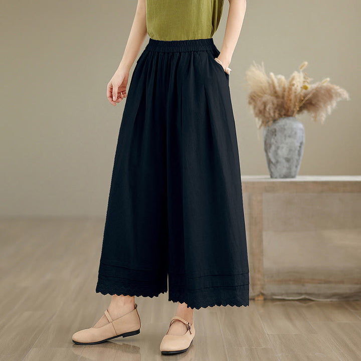 Pantalones de lino y algodón con bolsillos y pierna ancha para mujer, diseño de encaje sencillo, talla 7-8 - Negro - US6，UK/AU10，EU38 (XL) - image 11