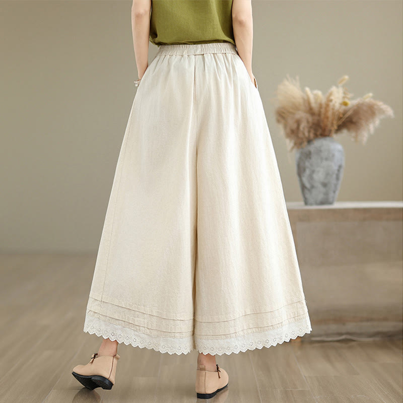Pantalones de lino y algodón con bolsillos y pierna ancha para mujer, diseño de encaje sencillo, talla 7-8 - image 1