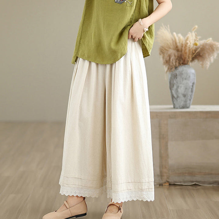 Pantalones de lino y algodón con bolsillos y pierna ancha para mujer, diseño de encaje sencillo, talla 7-8 - image 2