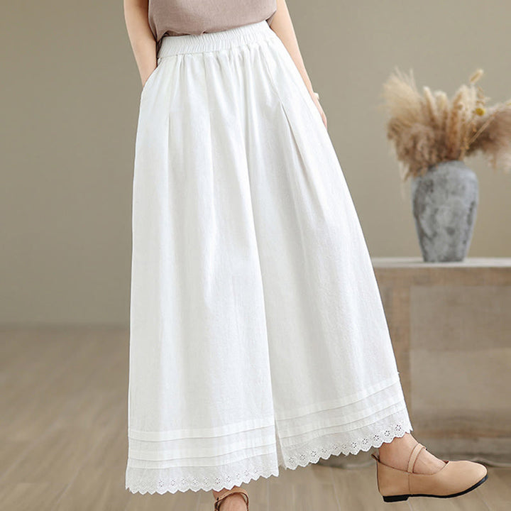Pantalones de lino y algodón con bolsillos y pierna ancha para mujer, diseño de encaje sencillo, talla 7-8 - image 17