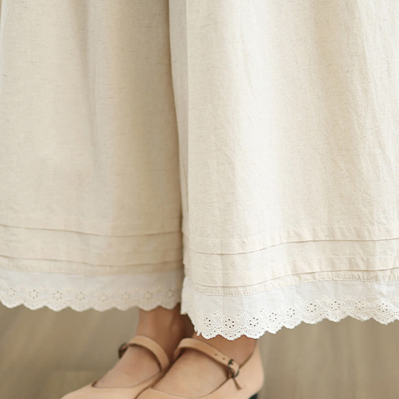 Pantalones de lino y algodón con bolsillos y pierna ancha para mujer, diseño de encaje sencillo, talla 7-8 - image 10