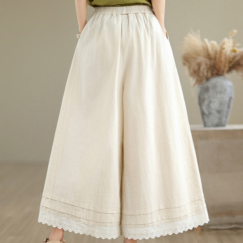 Pantalones de lino y algodón con bolsillos y pierna ancha para mujer, diseño de encaje sencillo, talla 7-8 - image 4