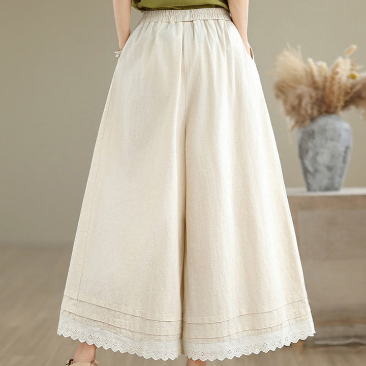 Pantalones de lino y algodón con bolsillos y pierna ancha para mujer, diseño de encaje sencillo, talla 7-8 - image 4