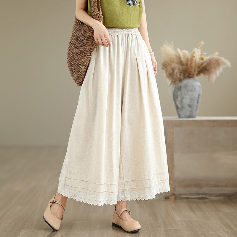 Pantalones de lino y algodón con bolsillos y pierna ancha para mujer, diseño de encaje sencillo, talla 7-8 - Beige - US6，UK/AU10，EU38 (XL) - image 0