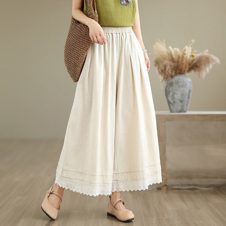 Pantalones de lino y algodón con bolsillos y pierna ancha para mujer, diseño de encaje sencillo, talla 7-8 - Beige - US6，UK/AU10，EU38 (XL) - image 0