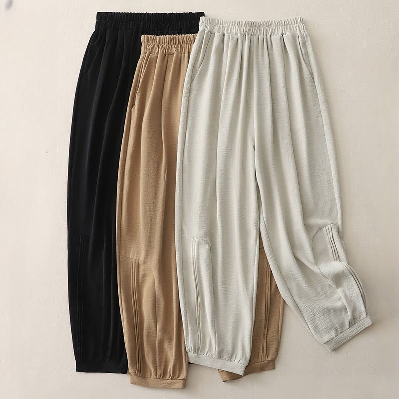 Pantalones harén de lino y algodón para mujer, de Buddha Stones Summer Commute, con diseño plisado liso, de longitud 7-8, con bolsillos - image 5