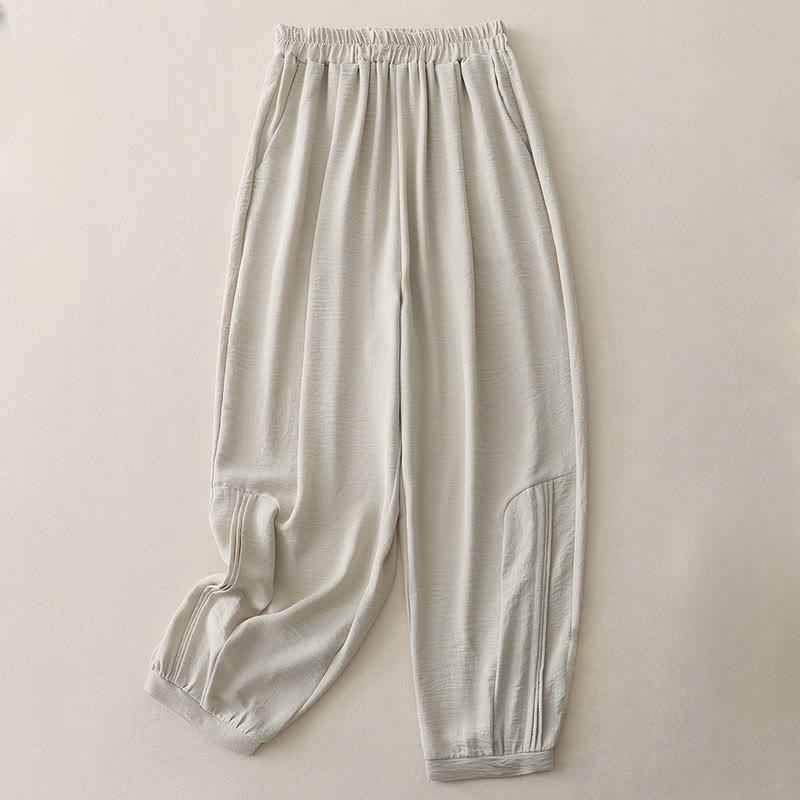 Pantalones harén de lino y algodón para mujer, de Buddha Stones Summer Commute, con diseño plisado liso, de longitud 7-8, con bolsillos - Lino - US8-10，UK/AU12-14，EU40-42 (2XL) - image 2