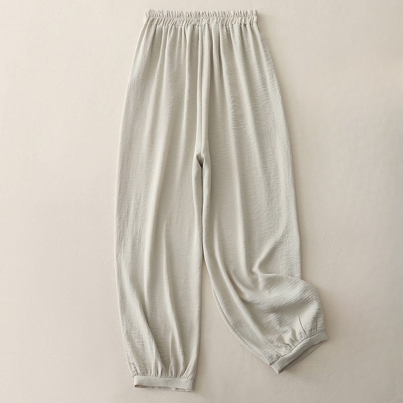 Pantalones harén de lino y algodón para mujer, de Buddha Stones Summer Commute, con diseño plisado liso, de longitud 7-8, con bolsillos - image 3