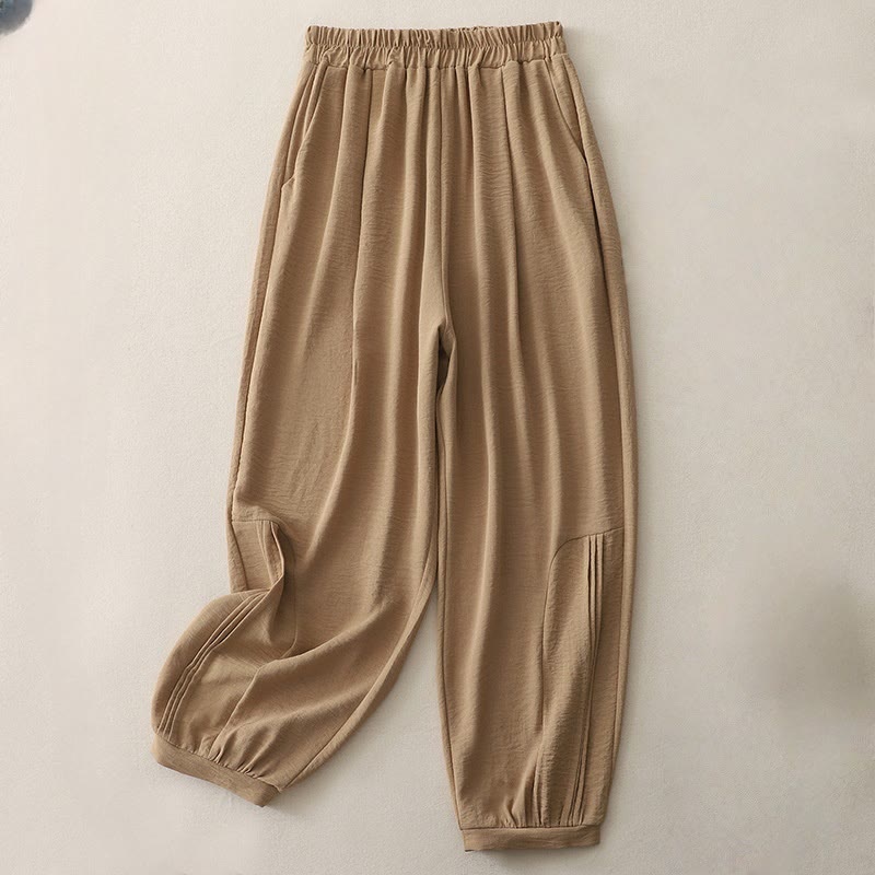 Pantalones harén de lino y algodón para mujer, de Buddha Stones Summer Commute, con diseño plisado liso, de longitud 7-8, con bolsillos - Perú - US8-10，UK/AU12-14，EU40-42 (2XL) - image 0