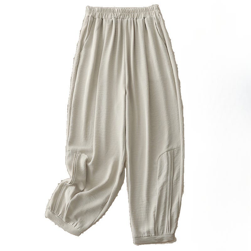 Pantalones harén de lino y algodón para mujer, de Buddha Stones Summer Commute, con diseño plisado liso, de longitud 7-8, con bolsillos - image 4