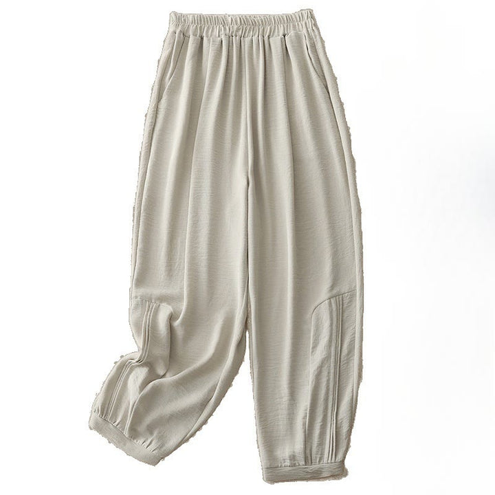 Pantalones harén de lino y algodón para mujer, de Buddha Stones Summer Commute, con diseño plisado liso, de longitud 7-8, con bolsillos - image 4