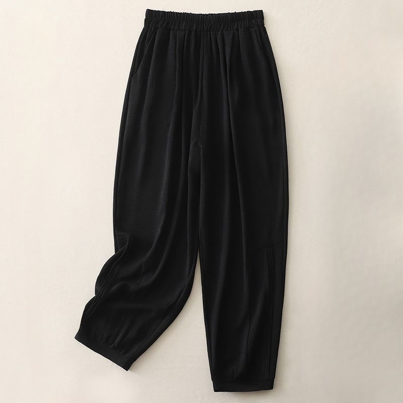 Pantalones harén de lino y algodón para mujer, de Buddha Stones Summer Commute, con diseño plisado liso, de longitud 7-8, con bolsillos - Negro - US8-10，UK/AU12-14，EU40-42 (2XL) - image 1