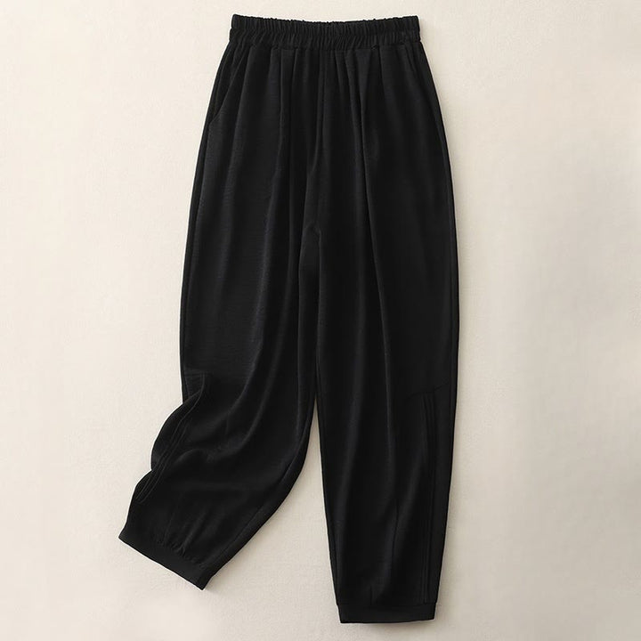 Pantalones harén de lino y algodón para mujer, de Buddha Stones Summer Commute, con diseño plisado liso, de longitud 7-8, con bolsillos - Negro - US8-10，UK/AU12-14，EU40-42 (2XL) - image 1