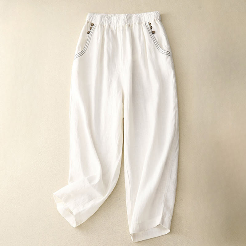 Pantalones harén de algodón para mujer con bolsillos y diseño informal de botones de colores puros Buddha Stones Commute, longitud 7-8 - Blanco - US8-10，UK/AU12-14，EU40-42 (2XL) - image 11